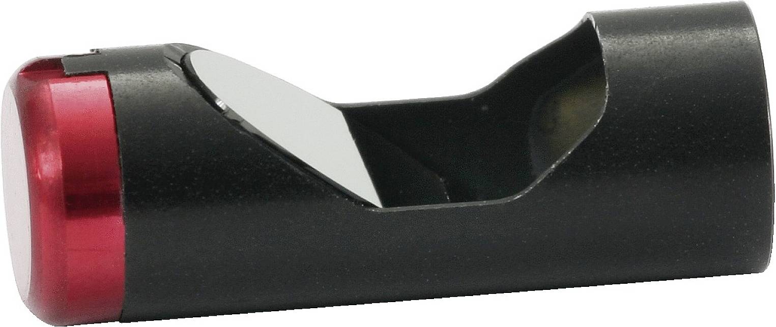 Small black cylinder with a red cap on one side and an angled mirror, presumably an optical device.