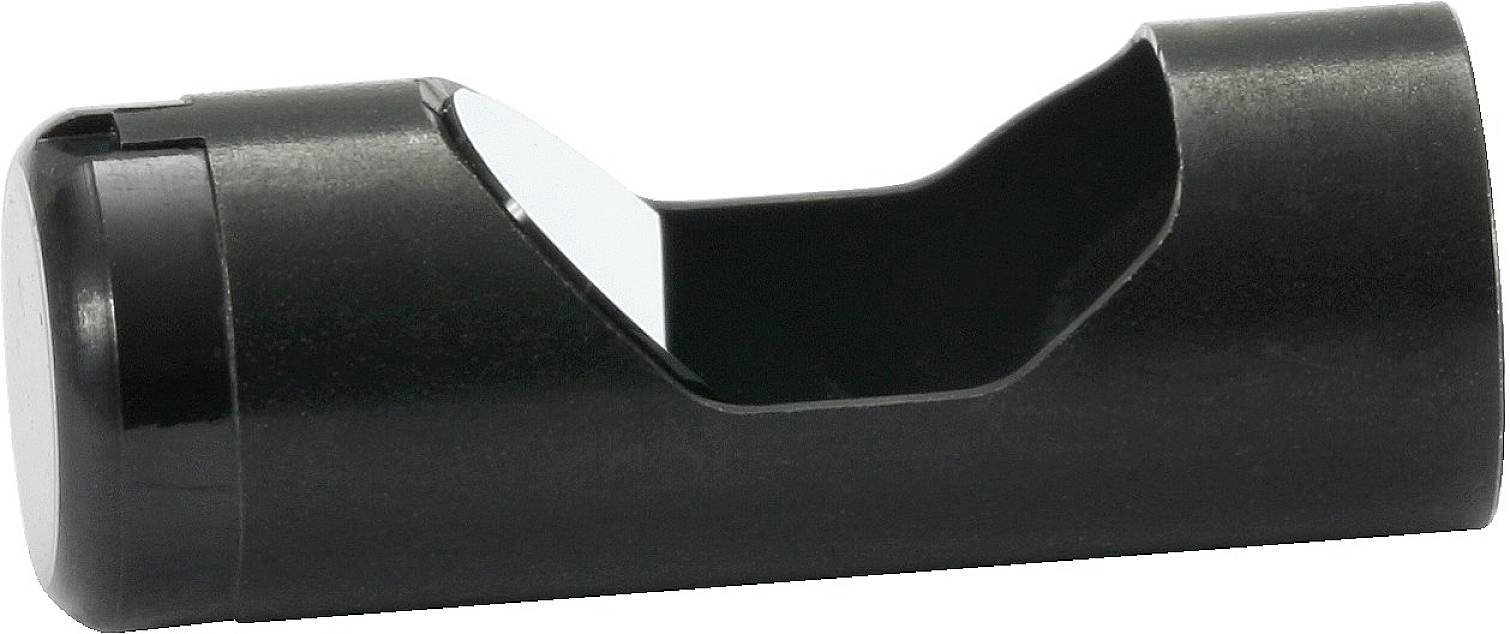 A black, glossy cylindrical object with a lateral recess and a reflective inner surface.