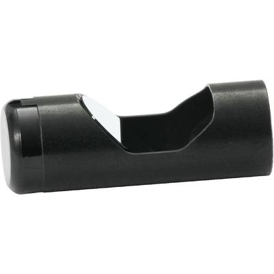 A black, glossy cylindrical object with a lateral recess and a reflective inner surface.