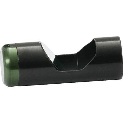 A black, cylindrical metal piece with a green cap at one end, shows an indentation in the middle.