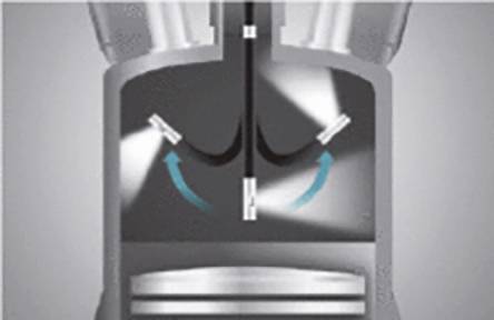 Cross-section of an engine shows arrows illustrating air flow and movement of components within the cylinder.