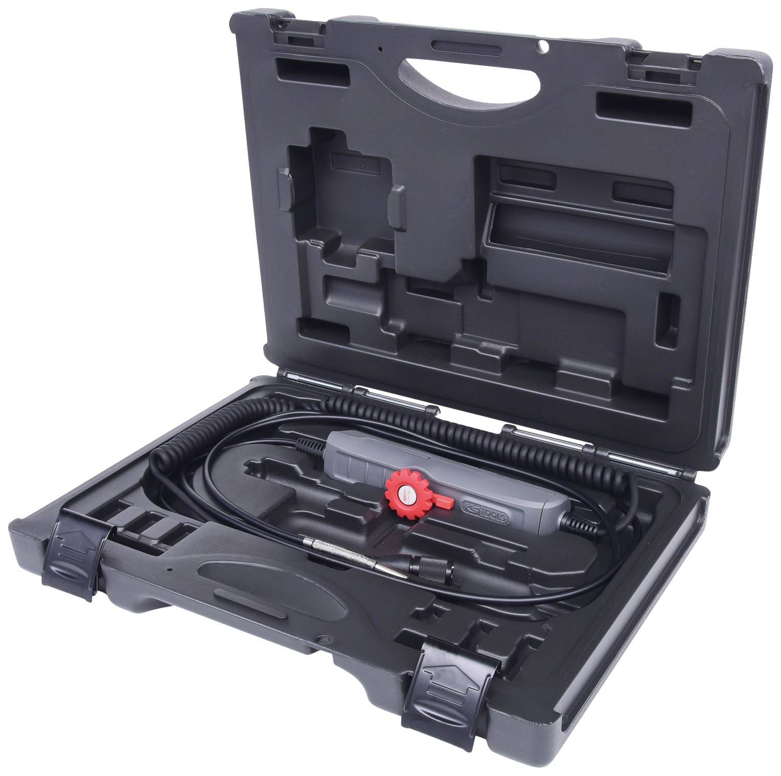 Opened black suitcase with an electric tool, a coiled cable, and a red control dial inside.