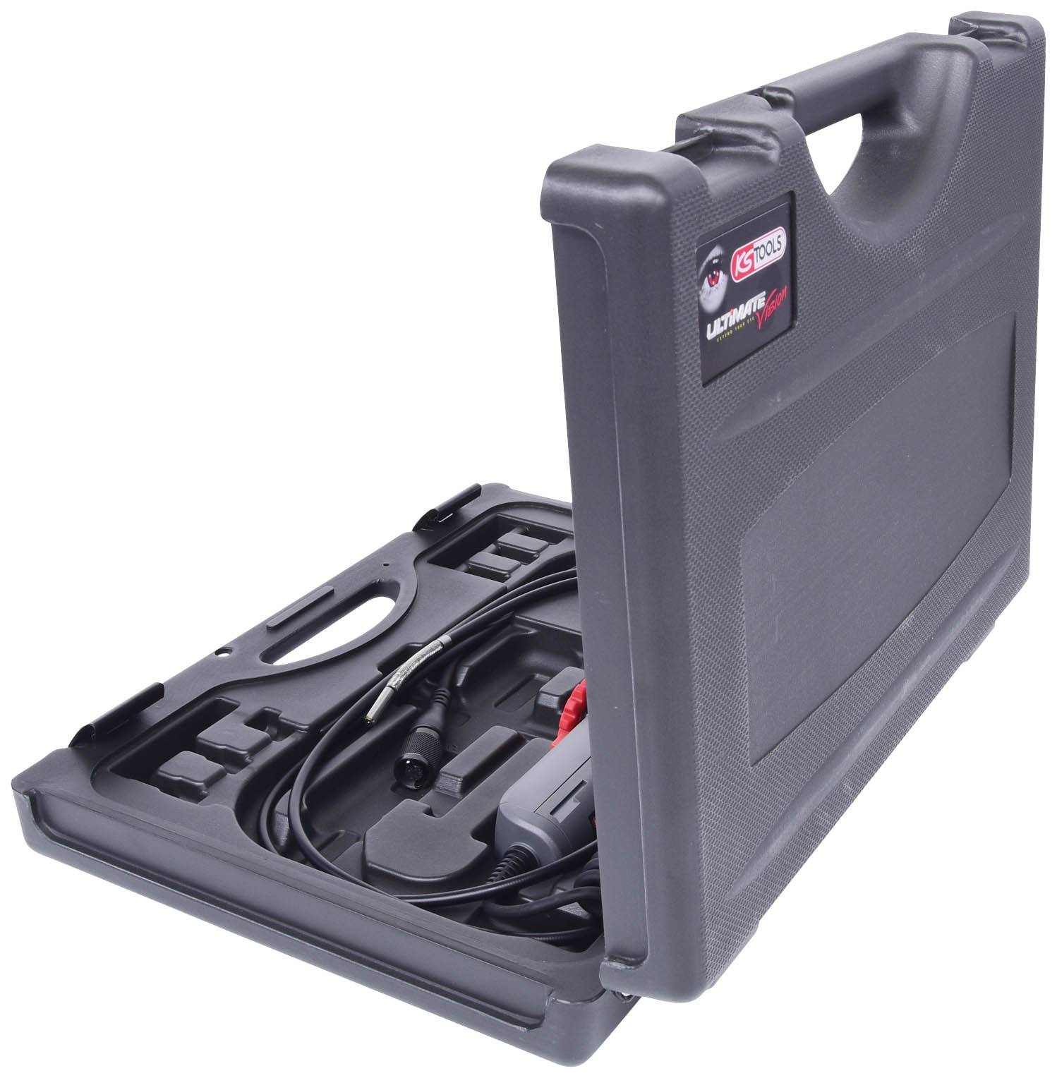 Black tool case with partially open lid shows an electric tool with cable and plugs.