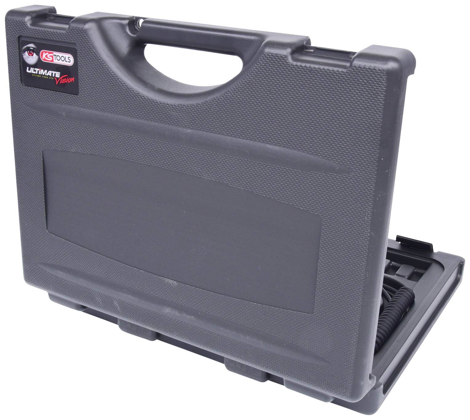 A closed, black tool case with a handle, partially open, reveals tools.