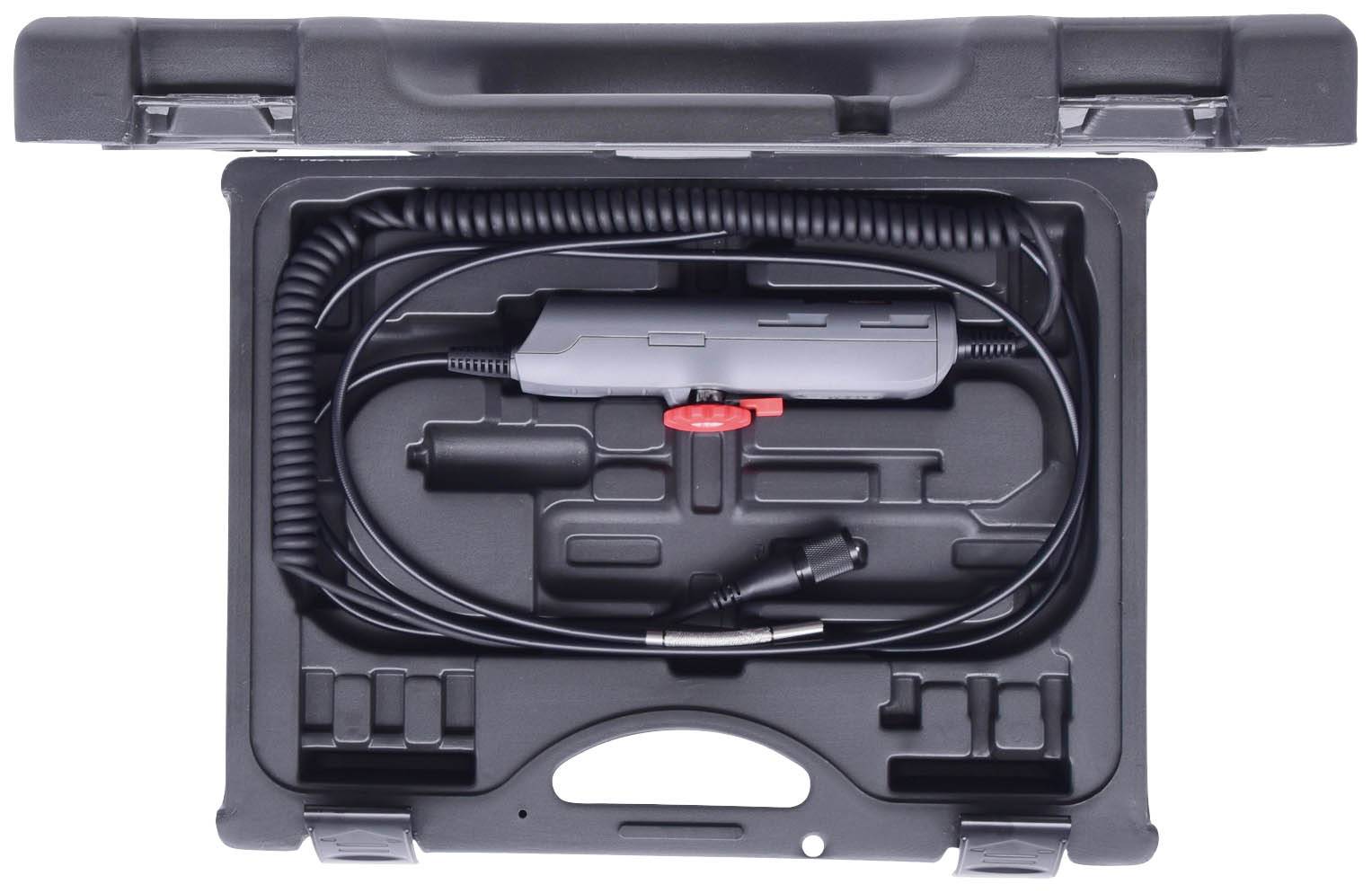 Black transport case with a coiled cable and device, likely a charger or diagnostic tool, securely stored in compartments.