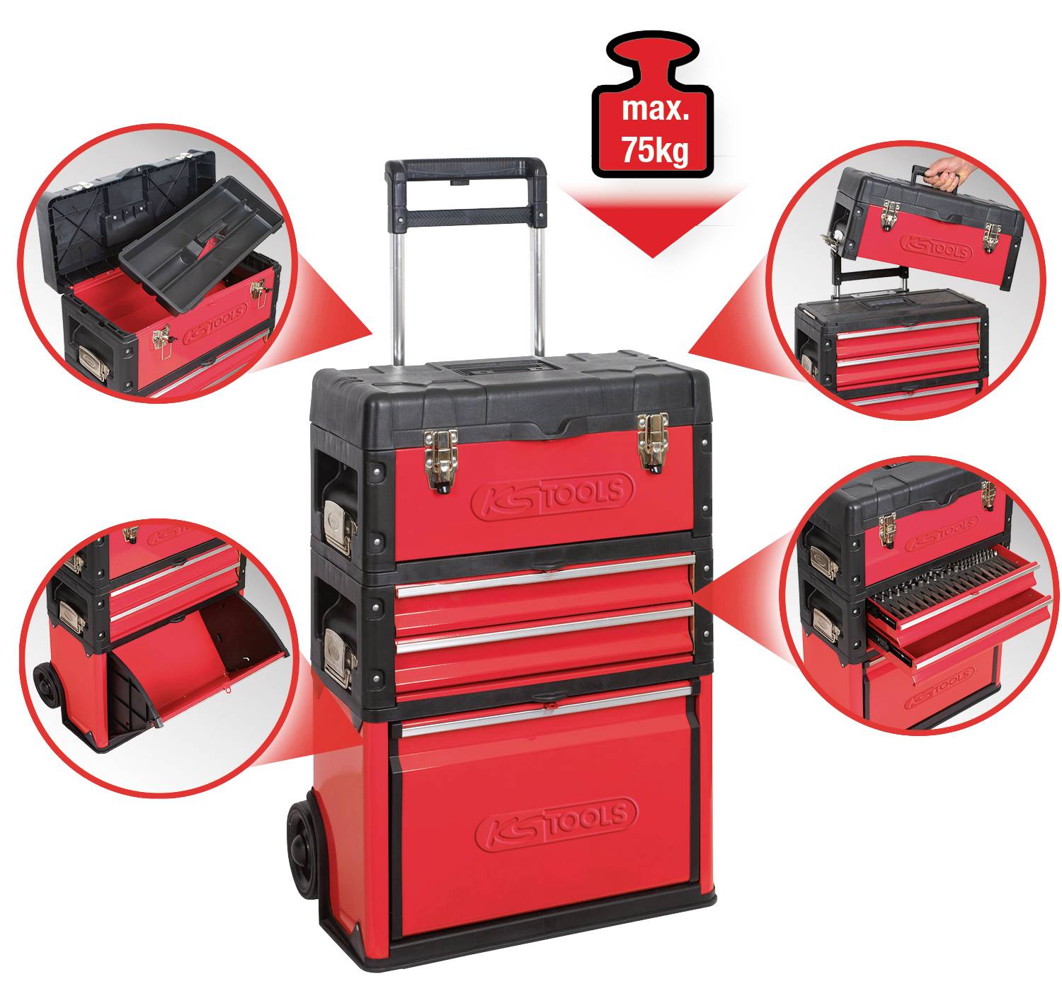 Red toolbox with wheels, three removable compartments and a handle, capable of supporting up to 75 kg. Includes drawers and ready-to-use tools.