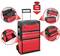 Red toolbox with wheels, three removable compartments and a handle, capable of supporting up to 75 kg. Includes drawers and ready-to-use tools.
