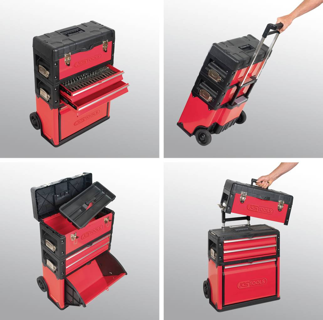 Versatile rolling tool chest with extendable handle and multiple compartments, ideal for storing and easily transporting tools.