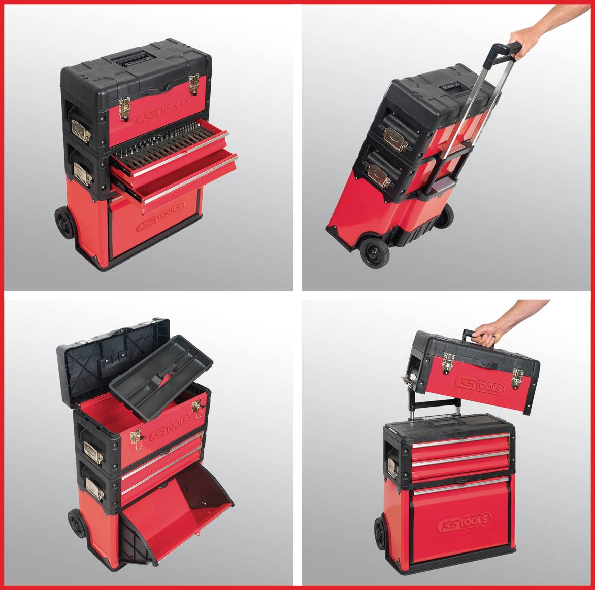 Portable, stackable toolbox in red and black. Top section with drawer and compartments, bottom section with open storage space, side handle for transportation.