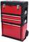 Red tool case with three compartments, two metal latches on top, wheels underneath, and carrying handle; ideal for tool organisation.