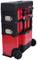 A red, mobile toolbox with black wheels and handles, comprising two stackable units with metal catches.
