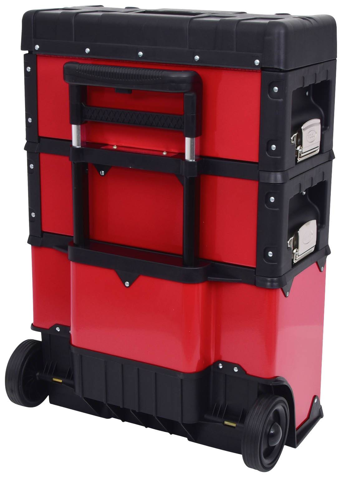 Red tool trolley on wheels, consisting of two stackable modules with handles and metal buckles, for mobile tool storage.