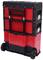 Red tool trolley on wheels, consisting of two stackable modules with handles and metal buckles, for mobile tool storage.