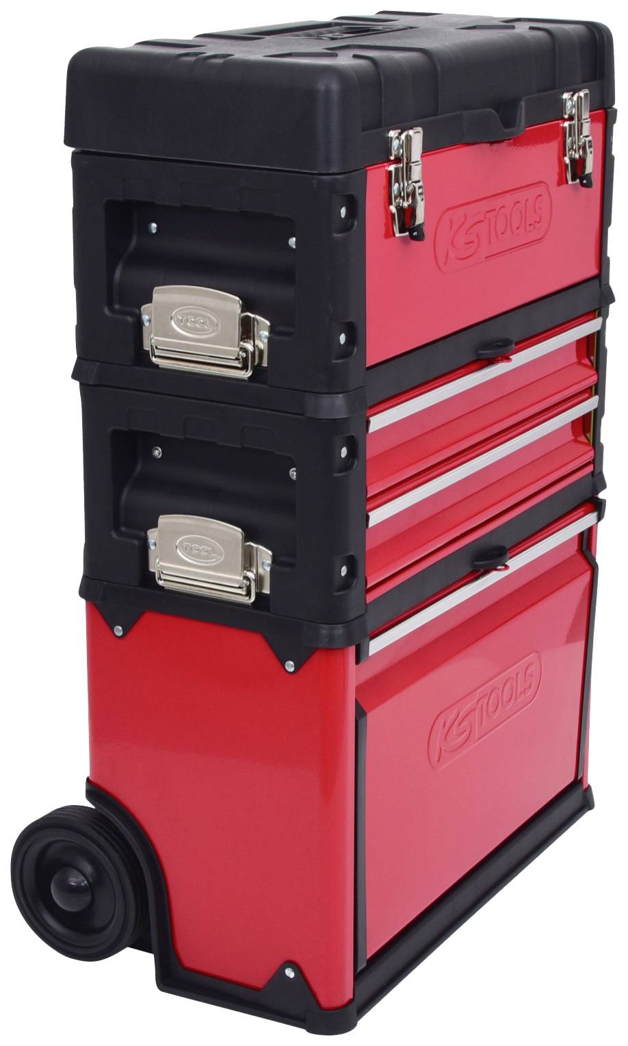 Red toolbox on wheels with three stackable compartments and silver latches. Perfect for mobile workshop organisation.