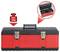Red toolbox with black lid and two metal latches, max. load capacity 30 kg, shown open and closed.