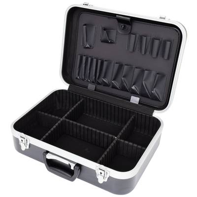 Open black suitcase with multiple compartments and holders on the inside of the lid, suitable for organising tools.