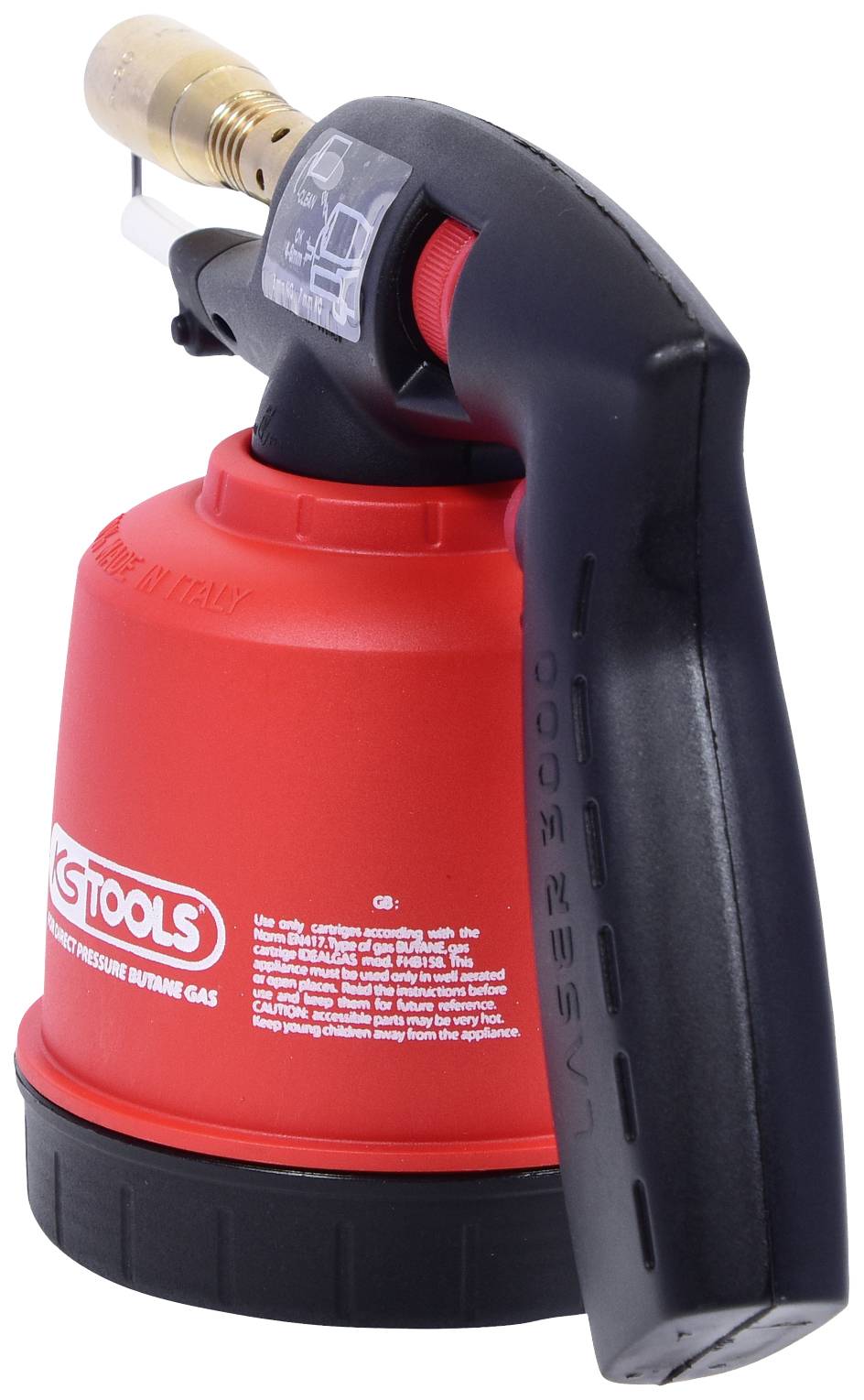 A red gas burner with a black handle and golden nozzle. The device has white text and the logo of a tool brand.