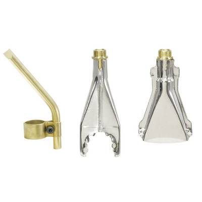 Three different metal burner attachments, each with varying shapes and size adjustments.