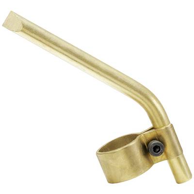 A brass-coloured pipe with an angle and a screwed-on holder. It appears to be part of a larger apparatus or mounting.