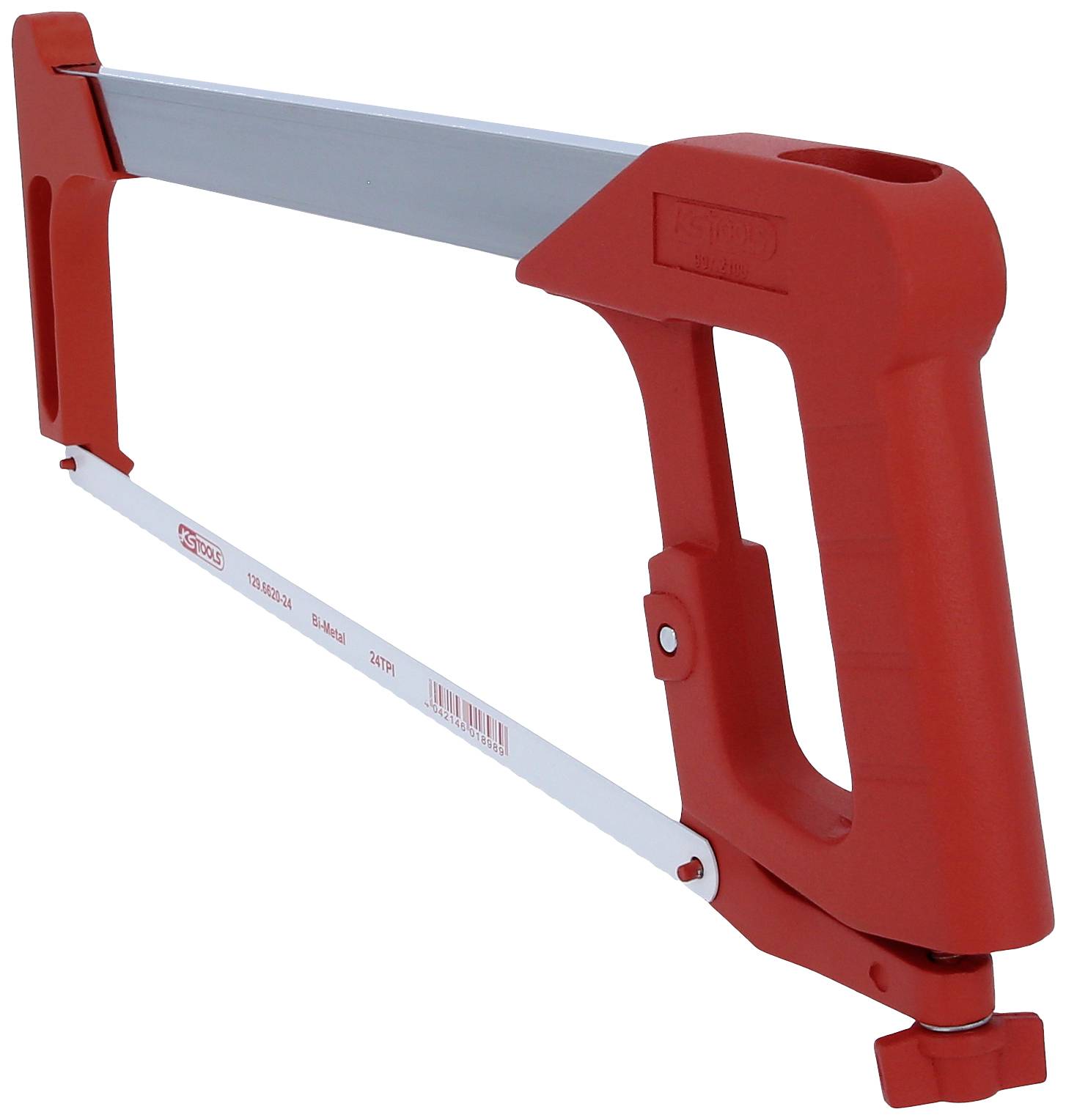 Metal saw with a red handle and silver blade.