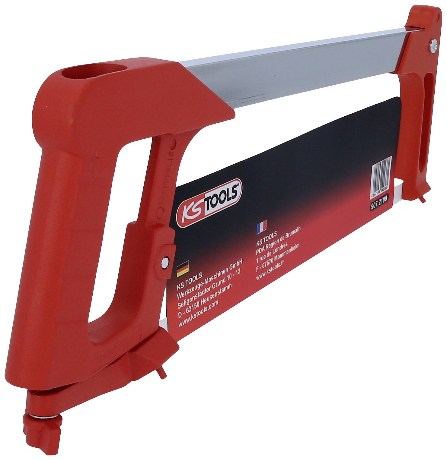 A red metal saw by KS Tools with a sturdy frame and metal blade, suitable for cutting wood or metal.