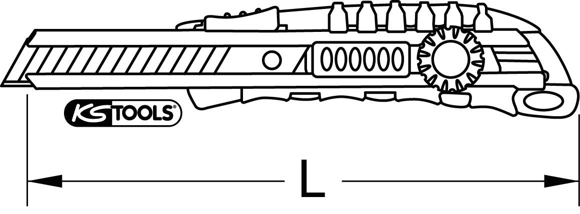 Drawing of a utility knife with the inscription 'KS TOOLS'. A rack and pinion mechanism is visible on the side.