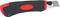 A black carpet knife with a red handle and retractable blade, perfect for precise cutting tasks.