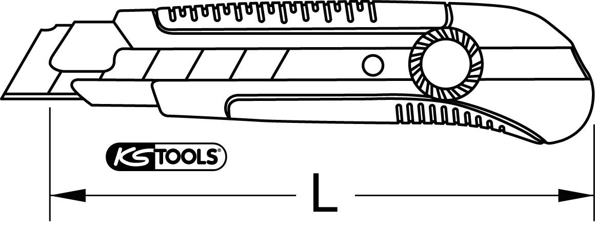 Illustration of a utility knife with an extended blade mechanism, side grip buttons, and the 'KS Tools' logo positioned in the bottom left corner.