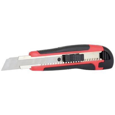 A red and black retractable craft knife with a silver blade and a black handle.