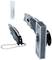 'Two black universal knives with folding blades, one with a chain, alongside a spare blade housing.'