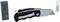 A black folding knife with a silver blade and belt clip, shown with a grey and a white protective cover beside it.