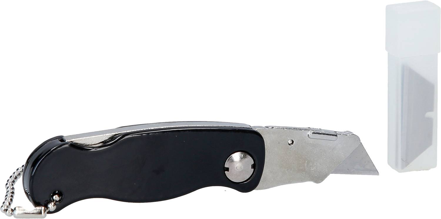 Foldable black universal knife with silver blade and spare blades in a white plastic container.