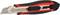 Universal knife with retractable blade, black and red handle, ideal for cutting cardboard and other materials.