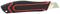 A black craft knife with red accents. It has a visibly protruding blade and an ergonomic design.