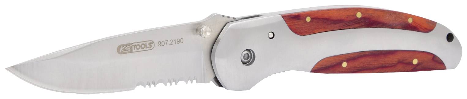 A penknife with a wooden handle and folding mechanism, extended stainless steel blade, serrated section at the base.