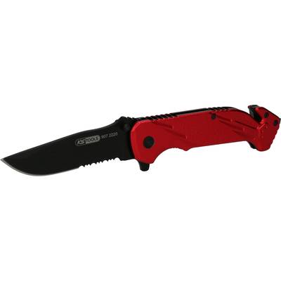 Red multi-functional pocket knife with black, partially serrated blade, suitable for outdoor activities and safety operations.