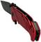 A red, folding pocket knife with a black blade and serrated edge.