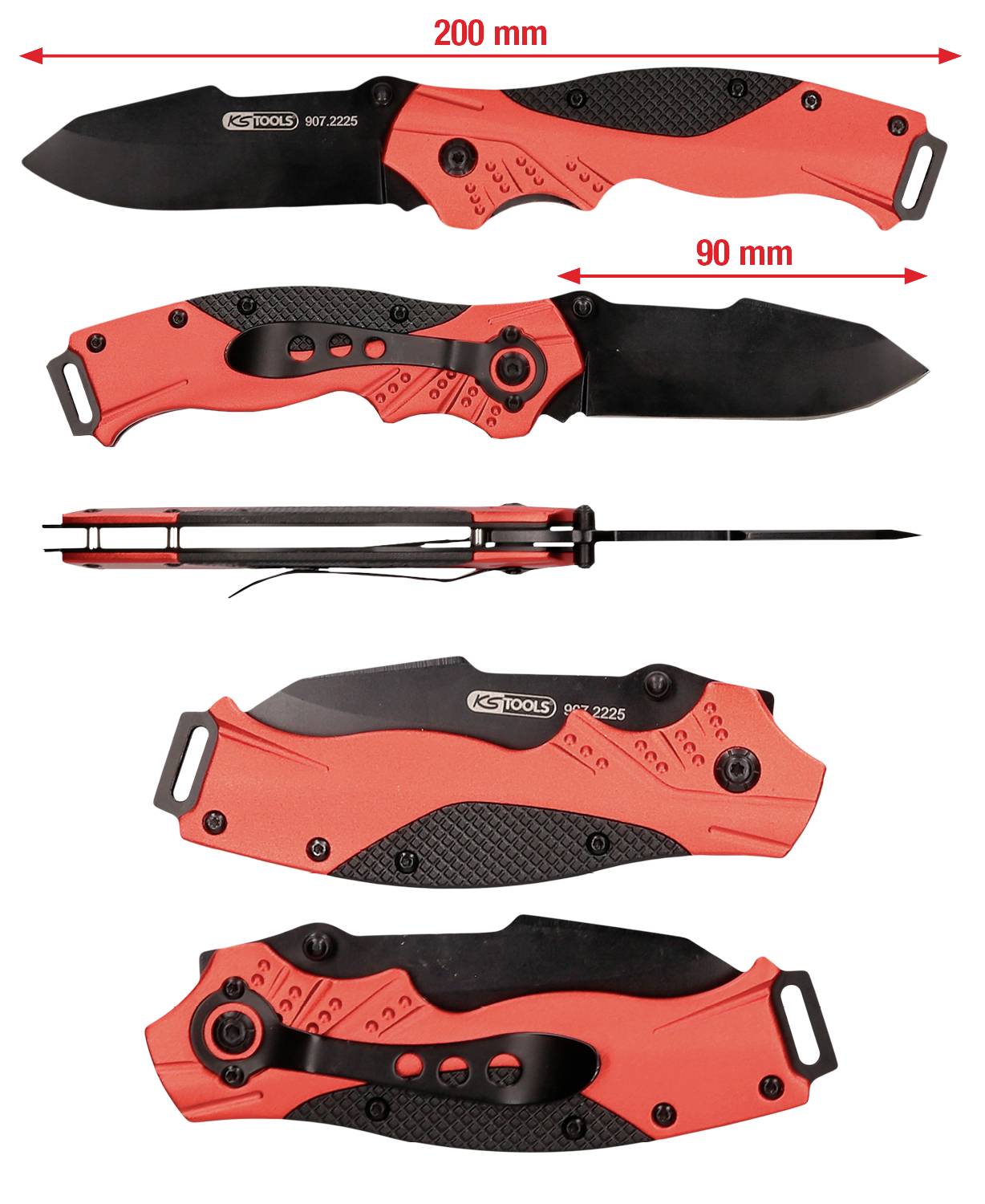 Folding pocket knife with red handle, 20 cm when open, 9 cm when closed, with a black blade, showing various perspectives.