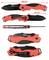 Folding pocket knife with red handle, 20 cm when open, 9 cm when closed, with a black blade, showing various perspectives.