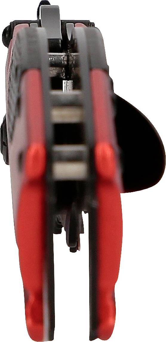 A red, multifunctional penknife. View from above of the opened structure, showing various tool blades.