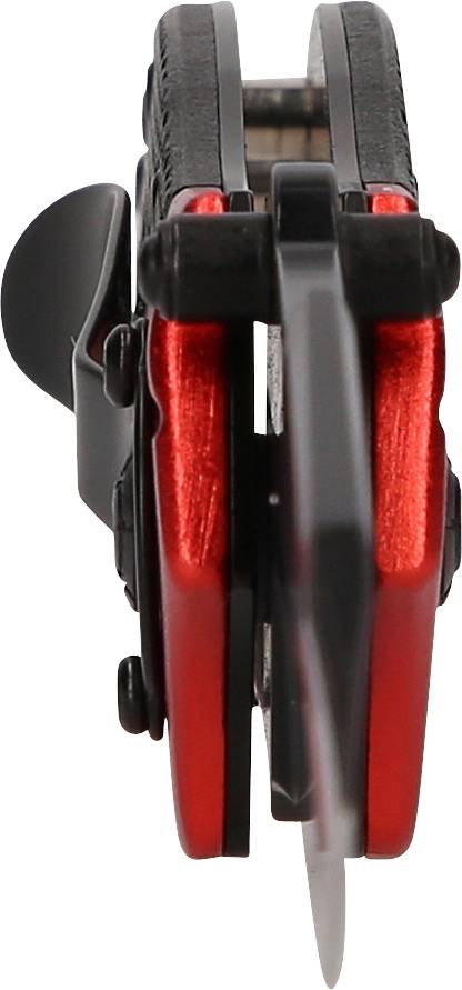 A red, folding pocket knife in side view, showing the handle and partially extended blade.