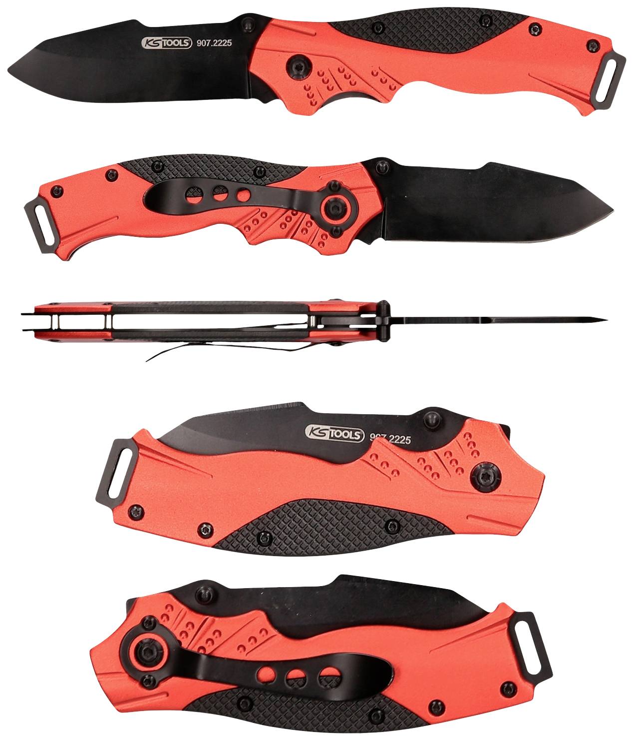 A red multi-functional tool with various blades and grip perspectives, suitable for different applications.