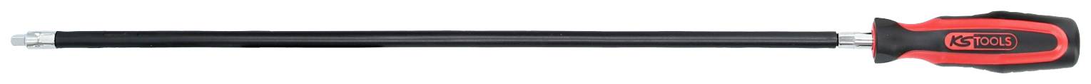 A long screwdriver with a black shaft and a red and black handle, suitable for hard-to-reach places.