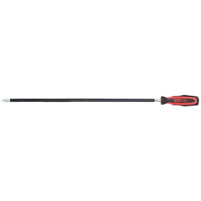 A long screwdriver with a black shaft and a red and black handle, suitable for hard-to-reach places.
