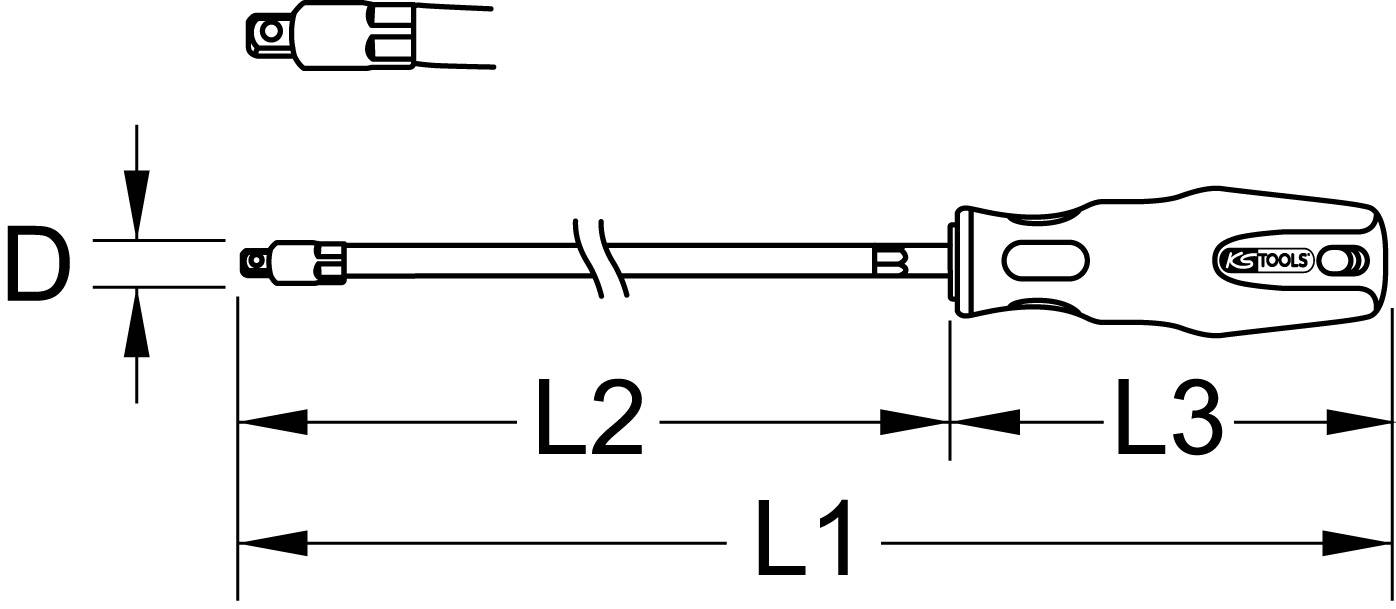 Technical drawing of a screwdriver with dimensions D, L1, L2 and L3. Handle marked with 'KS TOOLS'.