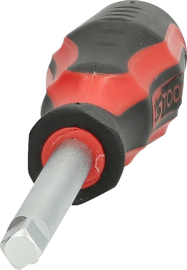 A short, red and black screwdriver with a hexagonal tip, ideal for precise work or tight spaces.