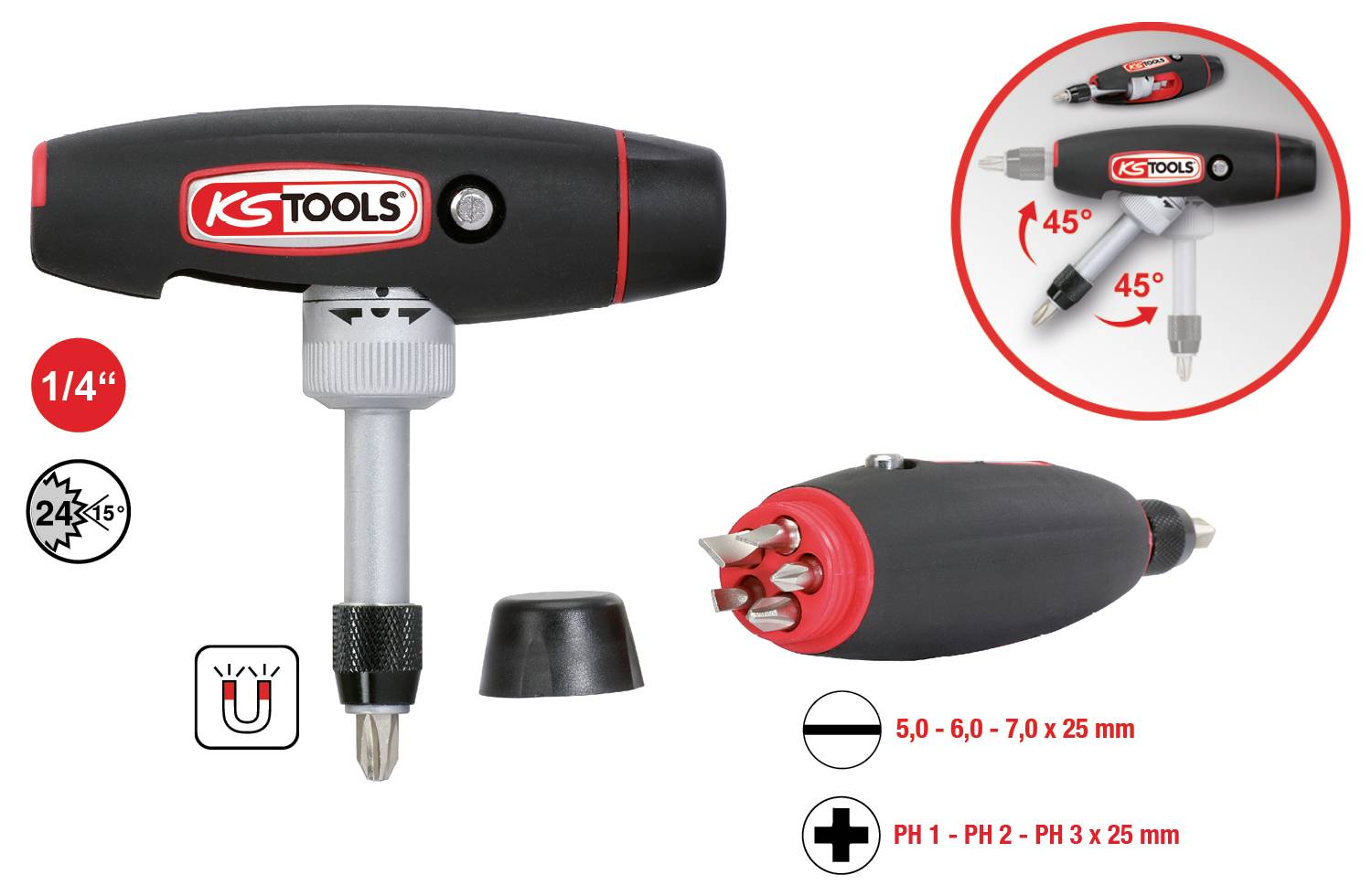 A universal T-screwdriver with a magnetic bit holder, rotatable handle for 45° usage and four interchangeable bits (PH1, PH2, PH3, SL).