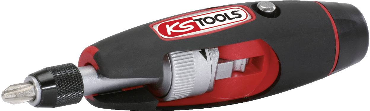 Electric screwdriver with KS Tools logo, black casing with red detail, showing the mechanism and chuck head at the front.