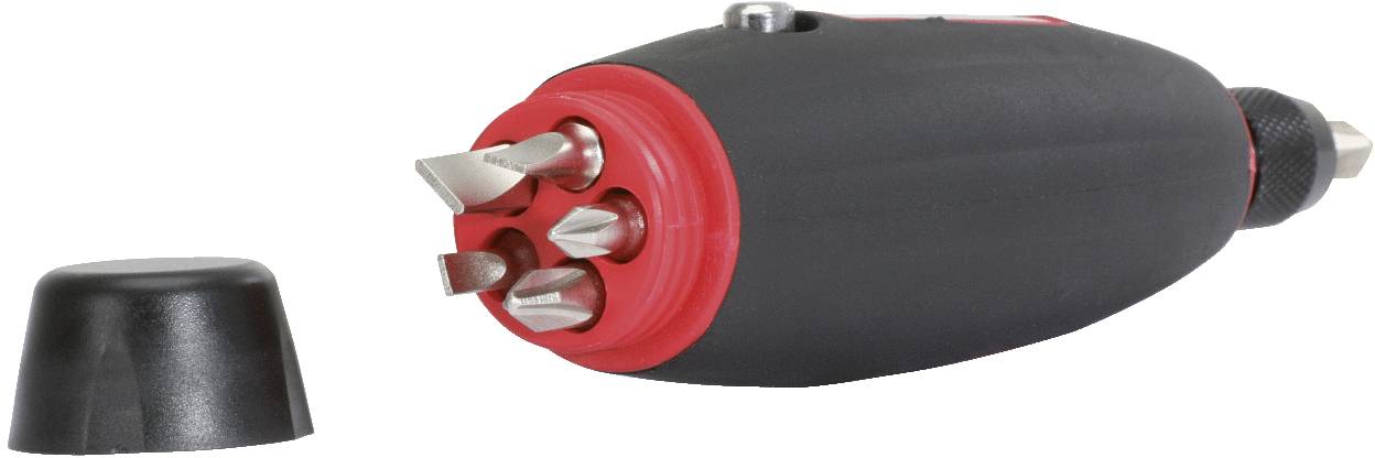 A handle with interchangeable bits, suitable for various screw-related tasks, alongside a black cap as a cover.