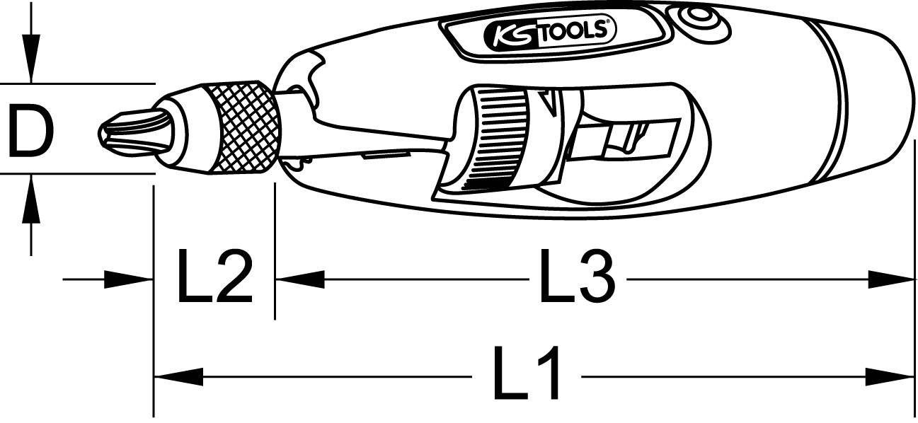 Illustration of a mechanical tool with length dimensions L1, L2, L3 and diameter D. Tool is open, revealing internal details.